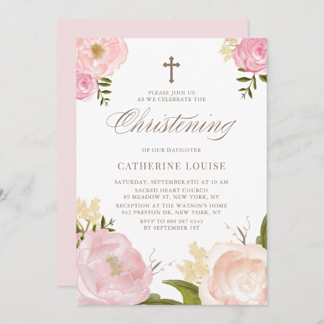 Convites Watercolor Blush Pink Peony Floral Christening (Frente/Verso)