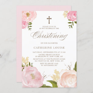 Convites Watercolor Blush Pink Peony Floral Christening