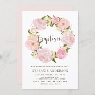 Convites Watercolor Blush Pink Peony Wreath Baptism