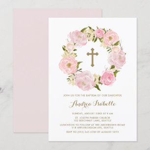 Convites Watercolor Blush Pink Peony Wreath Baptism