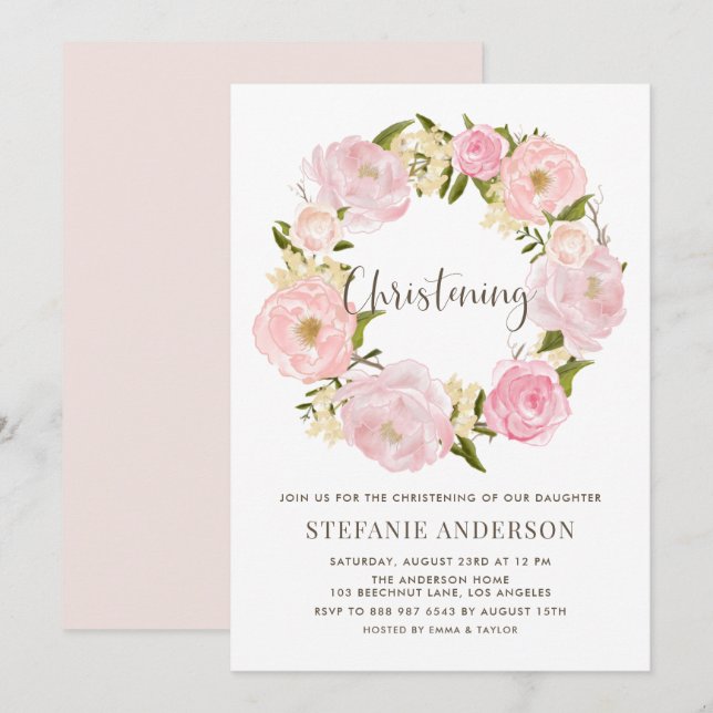 Convites Watercolor Blush Pink Peony Wreath Christening (Frente/Verso)