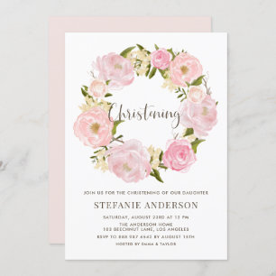 Convites Watercolor Blush Pink Peony Wreath Christening