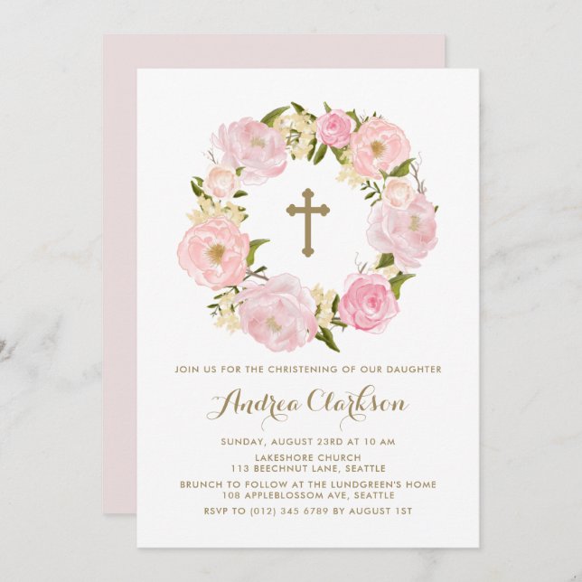 Convites Watercolor Blush Pink Peony Wreath Christening (Frente/Verso)
