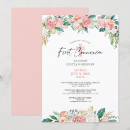 Convites Watercolor Blush Rosa Floral Cross First Communtio