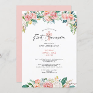 Convites Watercolor Blush Rosa Floral Cross First Communtio
