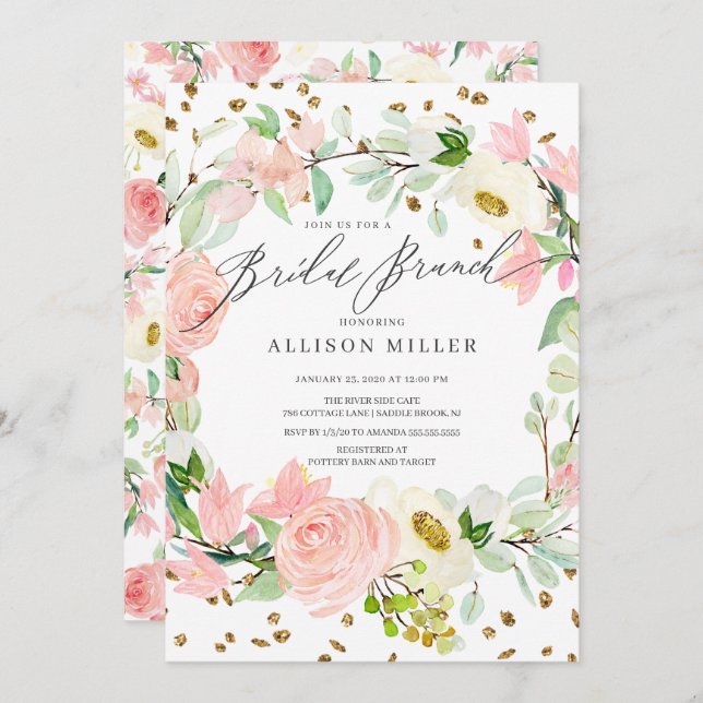 Convites Watercolor Blush Rosa Peonies Floral Bridal Brunch (Frente/Verso)