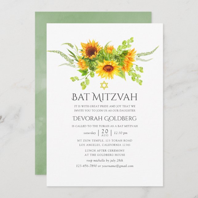 Convites Watercolor Bohemian Boho Sunflower Bat Mitzvah (Frente/Verso)