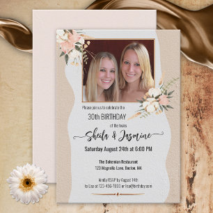 Convites Watercolor Bohemian Floral Photo Twin Birthday
