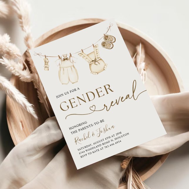 Convites Watercolor Boho Baby Clothes Gênero Revelação (Criador carregado)