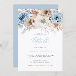 Convites Watercolor Boho Blue Floral 50º Aniversário