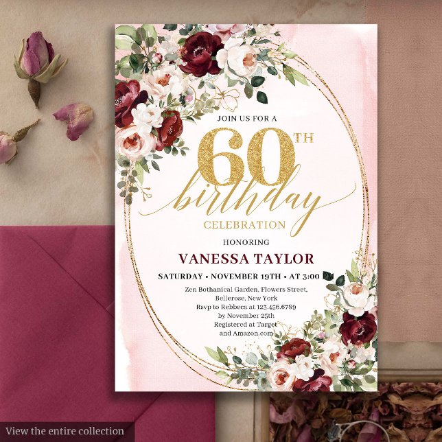 Convites Watercolor Boho Blush Burgundy 60th Birthday Card (Watercolor Boho Blush Burgundy 60th Birthday)