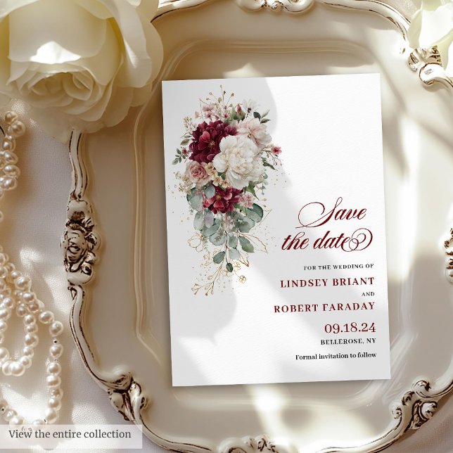 Convites Watercolor Boho Burgundy Rosa Salve A Placa Date (Watercolor Boho Burgundy Rose Save The Date Card)