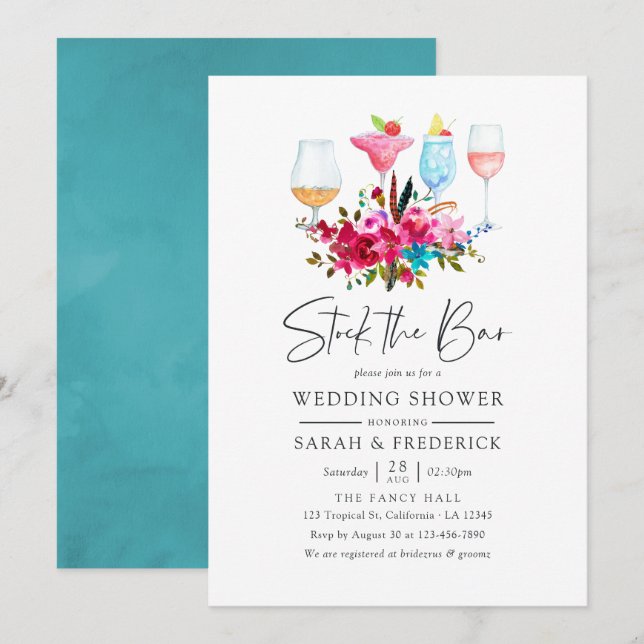 Convites Watercolor Boho Chic Floral Stock do Bar (Frente/Verso)