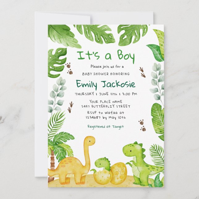 Convites Watercolor Boho Dinosaur Greenery Boy Baby Shower  (Frente)