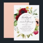 Convites Watercolor Boho Floral Bat Mitzvah<br><div class="desc">Boho floral bat mitzvah convite com peônia e flores anêmonas,  verde e penas em sotaques de burgundy plum e pincel rosa personalizável para suas especificidades.</div>