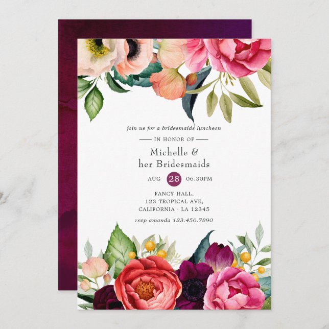 Convites Watercolor Boho Floral Bridesmaids Luncheon (Frente/Verso)