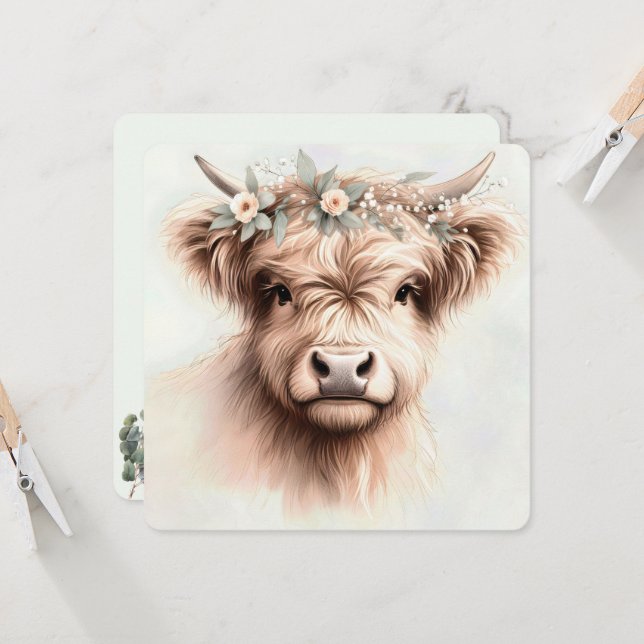 Convites Watercolor Boho Highland Cow Com Cabeça Bridal (Frente/Verso In Situ)
