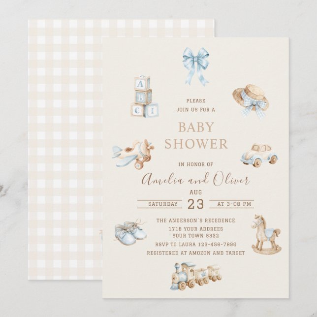 Convites Watercolor Boho Nursery boy  baby shower (Frente/Verso)