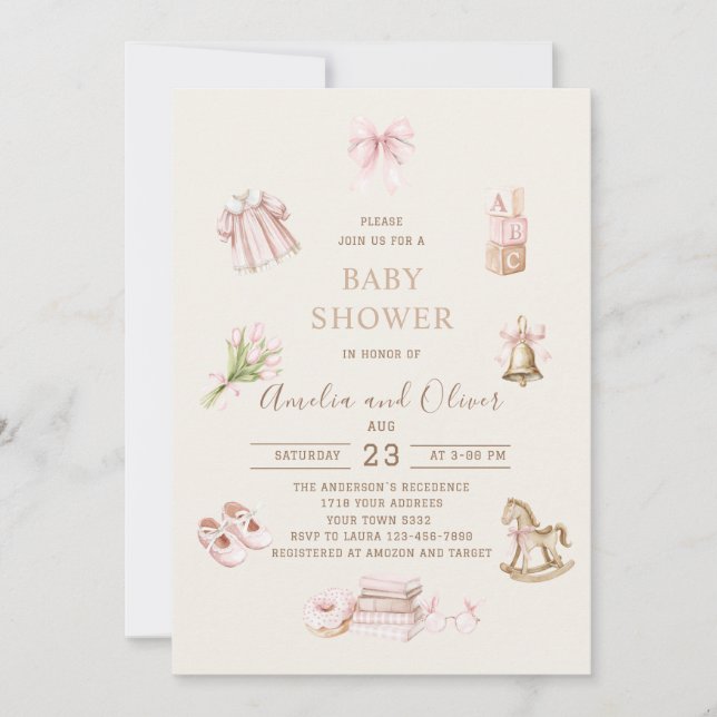 Convites Watercolor Boho Nursery girl  baby shower (Frente)