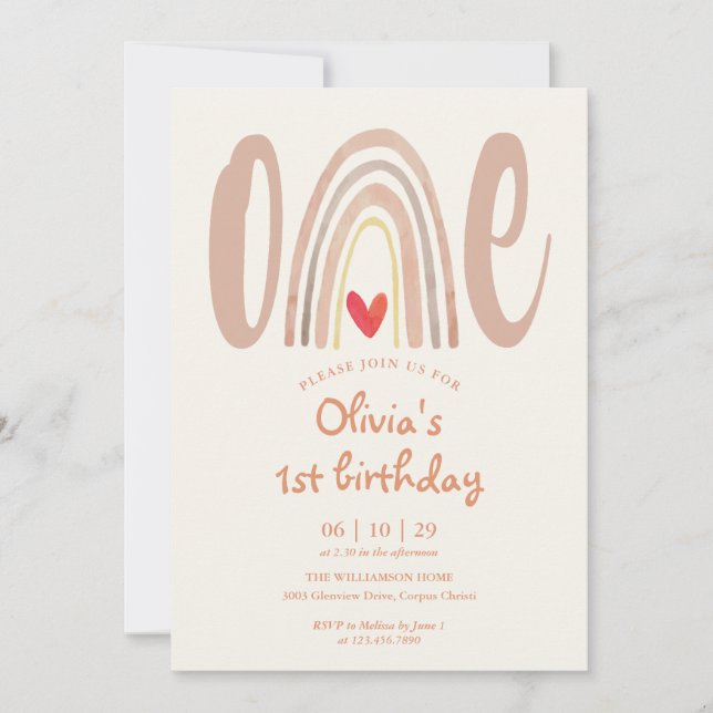 Convites Watercolor Boho Rainbow Heart 1st Birthday (Frente)