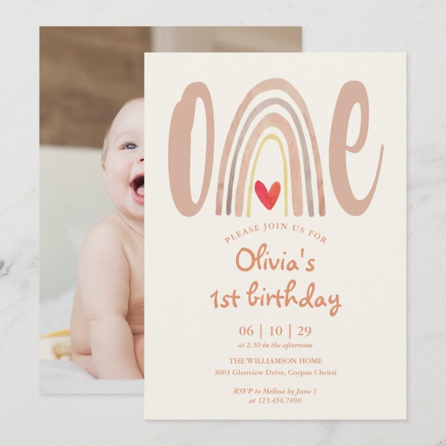 Convites Watercolor Boho Rainbow Heart Photo 1st Birthday (Frente/Verso)