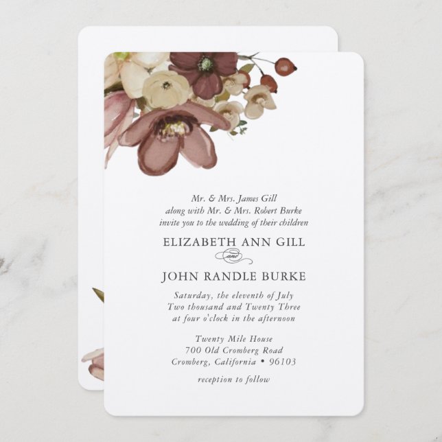 Convites Watercolor Boho Rose & Neutral Wedding (Frente/Verso)