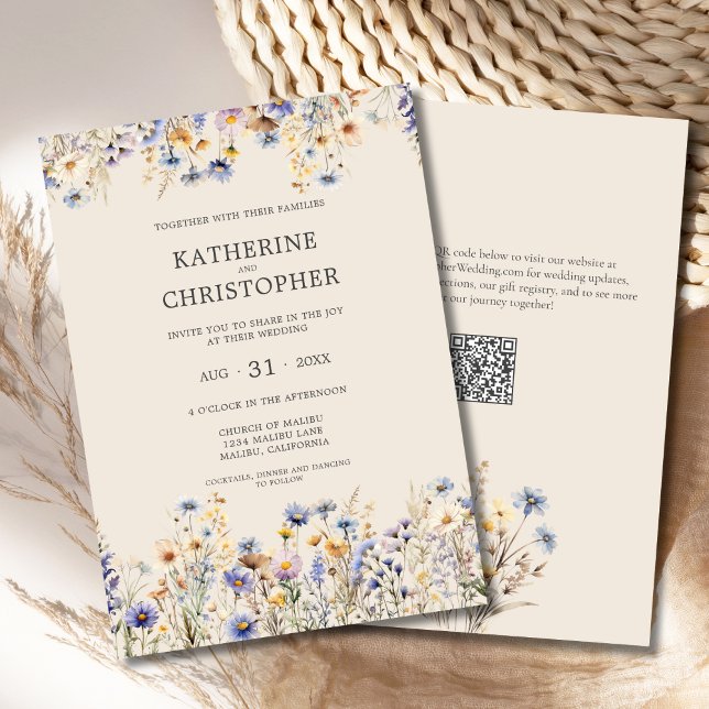 Convites Watercolor BOHO Wildflower Elegant Beige Wedding (BOHO Wildflowers Elegant Wedding Invitation with Purple, Blue, Yellow Wildflowers, QR Code, Beige.)