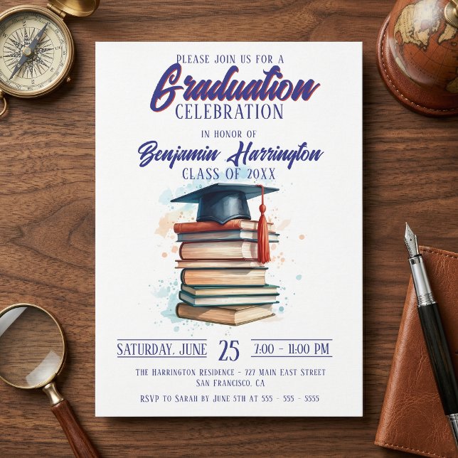 Convites Watercolor Books and Cap Graduation Celebration (Criador carregado)