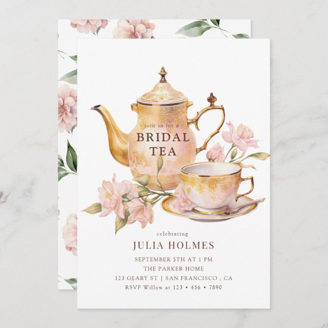 Convites Watercolor  Botanical Bridal Tea Shower (Frente/Verso)