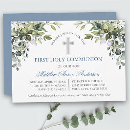 Convites Watercolor Botanical Greenery Dusty Blue Communion