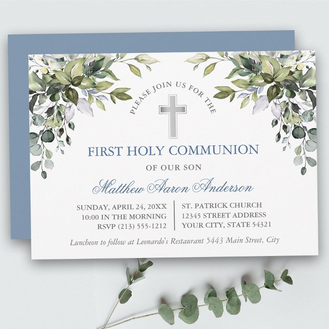 Convites Watercolor Botanical Greenery Dusty Blue Communion (Customize to change text color, text style or color of back of card.)