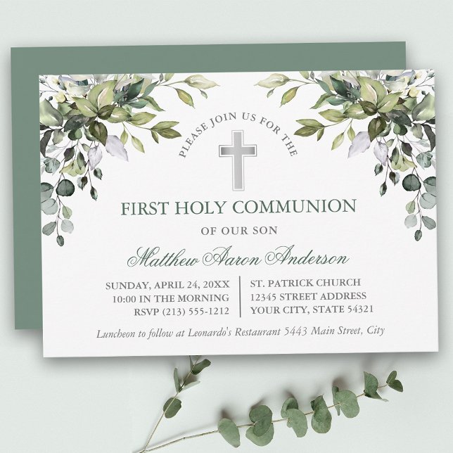 Convites Watercolor Botanical Greenery Sage Green Communion (Customize to change text color, text style or color of back of card.)