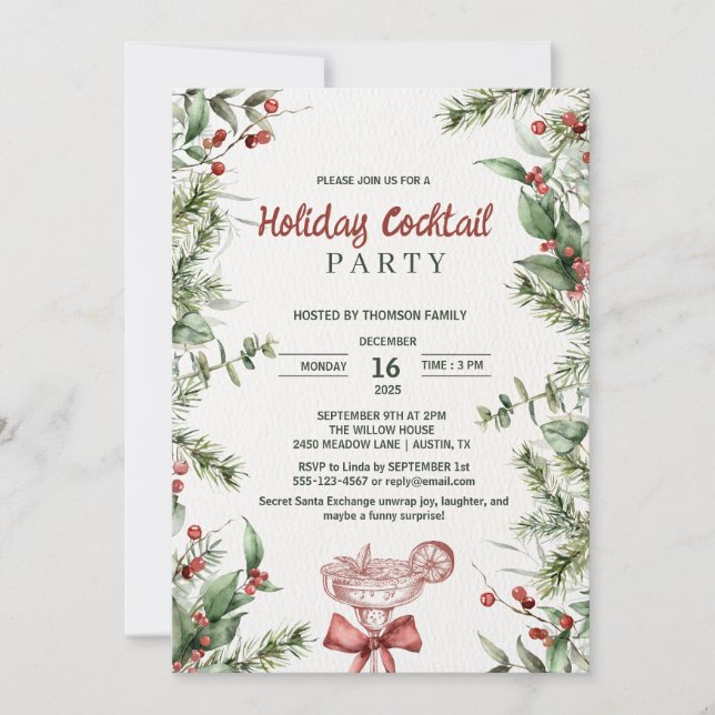 Convites Watercolor Botanical Holiday Cocktail Party (Frente)