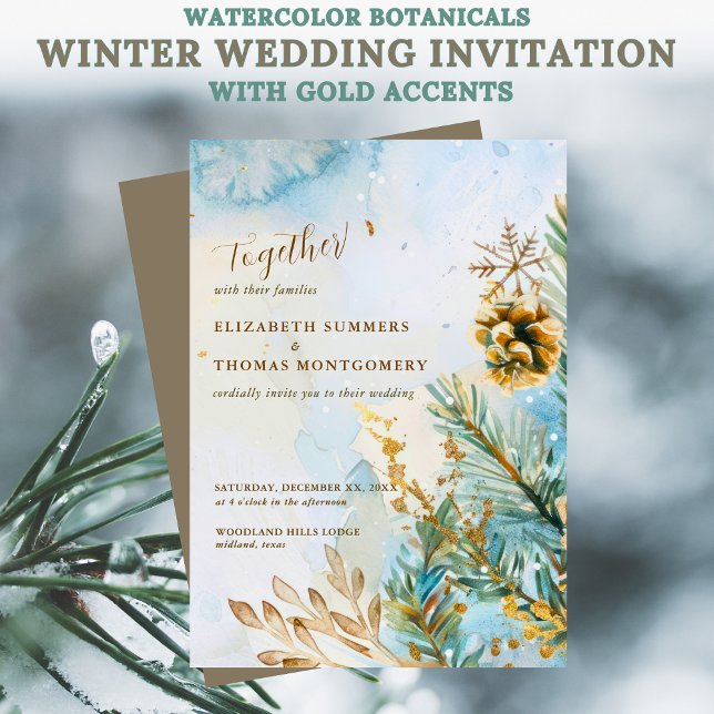 Convites Watercolor Botanicals Winter Wedding Gold Accents (Watercolor Botanicals Winter Wedding Invitation with Gold Accents)