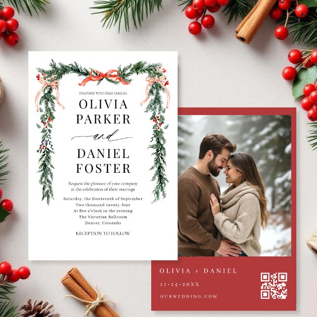 Convites Watercolor Bow Christmas Photo QR Code Wedding (Criador carregado)
