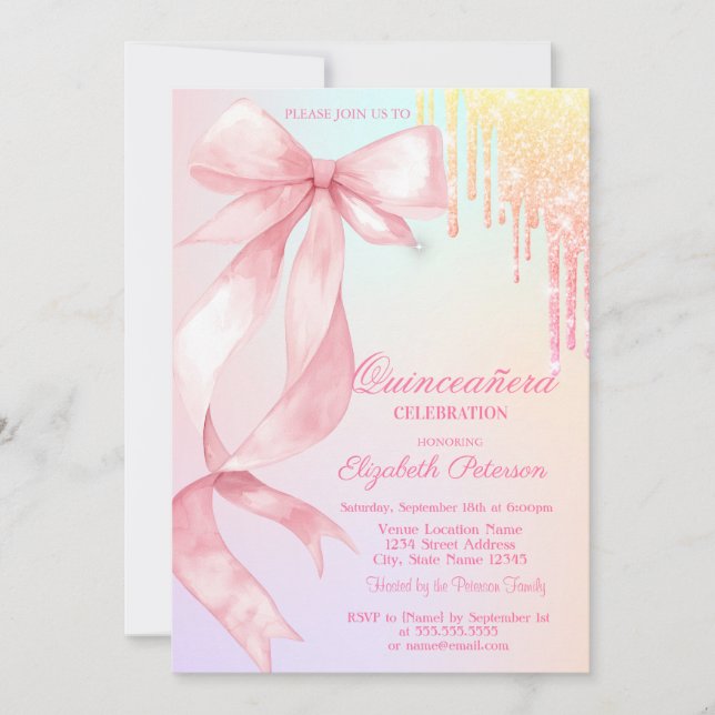 Convites Watercolor Bow Glitter Drips Colorful Quinceañera (Frente)