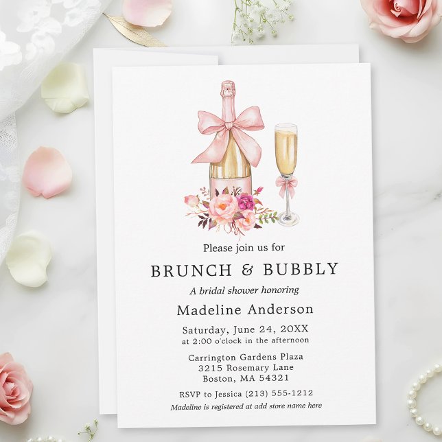 Convites Watercolor Bow Pink Roses Bridal Shower Brunch (Customize to add more text to back of card.)