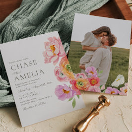 Convites Watercolor Bright Floral Photo Wedding Invitation