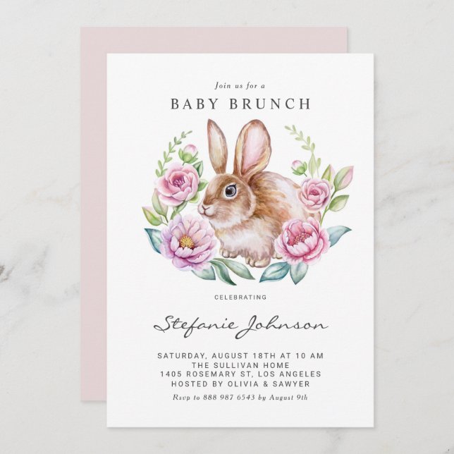 Convites Watercolor Bunny e Flores Rosa Baby Brunch (Frente/Verso)