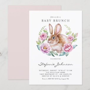 Convites Watercolor Bunny e Flores Rosa Baby Brunch