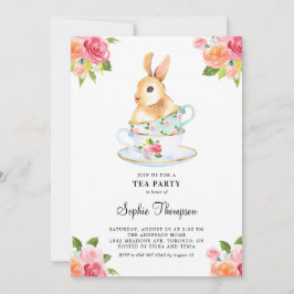 Convites Watercolor Bunny no Teacups Floral Tea Party