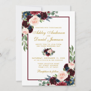 Convites Watercolor Burgundy Blue Floral Casamento W