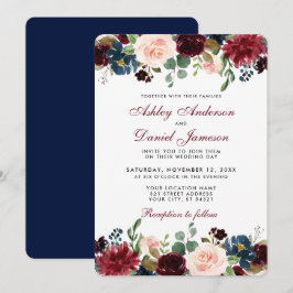 Convites Watercolor Burgundy Blue Floral Elegant Casamento 