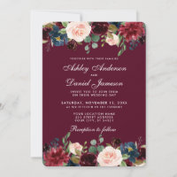Watercolor Burgundy Blue Floral Elegant Wedad WB