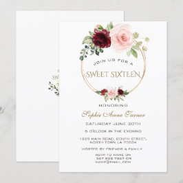 Convites Watercolor Burgundy Blush Floral Dourado Sweet 16