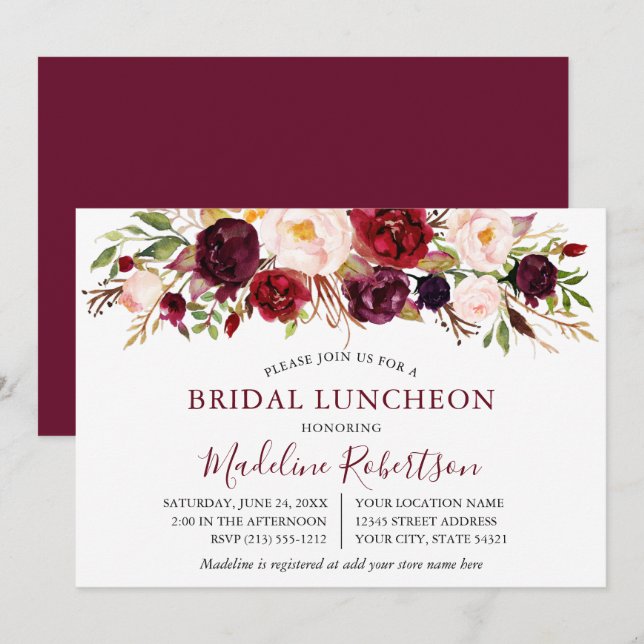 Convites Watercolor Burgundy Floral Bridal (Frente/Verso)