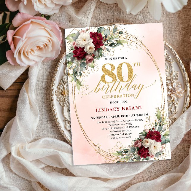 Convites Watercolor Burgundy Floral Gold 80th Birthday  (Watercolor Burgundy Floral Gold 80th Birthday Invite)