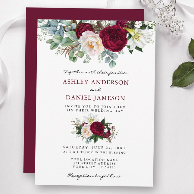 Convites Watercolor Burgundy Floral Greenery Casamento B (Customize to change text color, style, add text & photos to back or change color of back of card.)