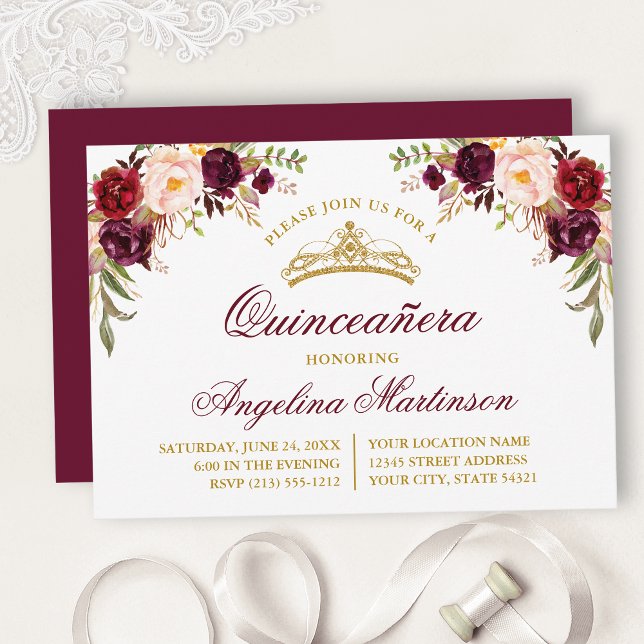 Convites Watercolor Burgundy Floral Quinceanera (Customize to change text size, color, text style or color of back of card.)