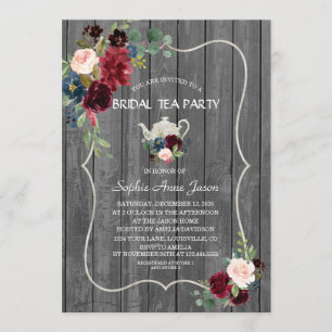 Convites Watercolor Burgundy Flowers Wood Bridal Tea Party